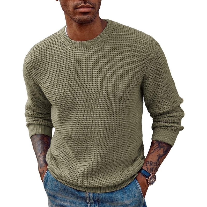 Crewneck Pullover Sweater Waffle Textured Long Sleeve