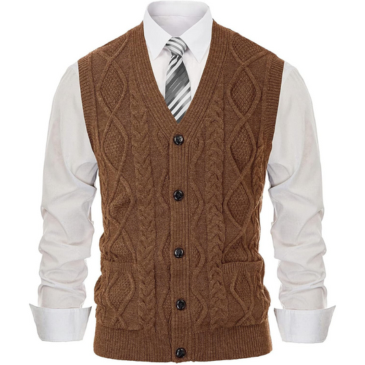 Diamond Cable Design Knit Button Up Vest