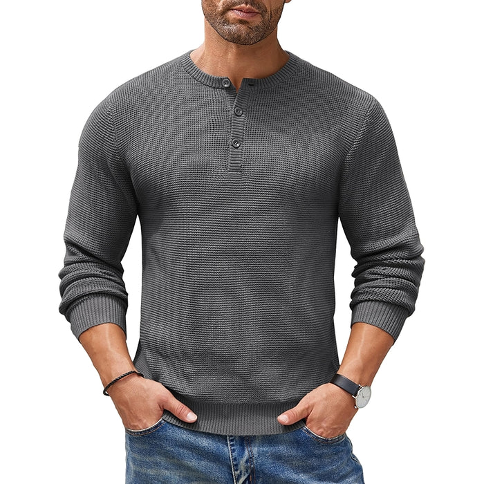 Henley Knit Sweater Long Sleeve Button Pullover Casual