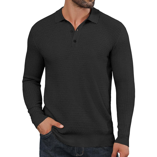 Long Sleeve Polo Sweater Waffle Textured Casual Knit Pullover