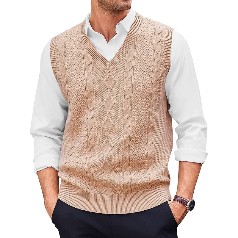 Casual V Neck Sweater Vest Cable Knitted Pullover Knitwear