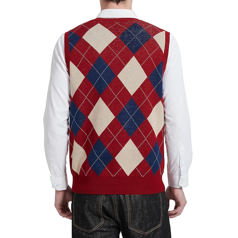 Argyle Vest Sweater Wool Blend V Neck Sleeveless Pullover