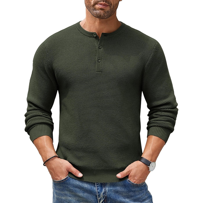 Henley Knit Sweater Long Sleeve Button Pullover Casual