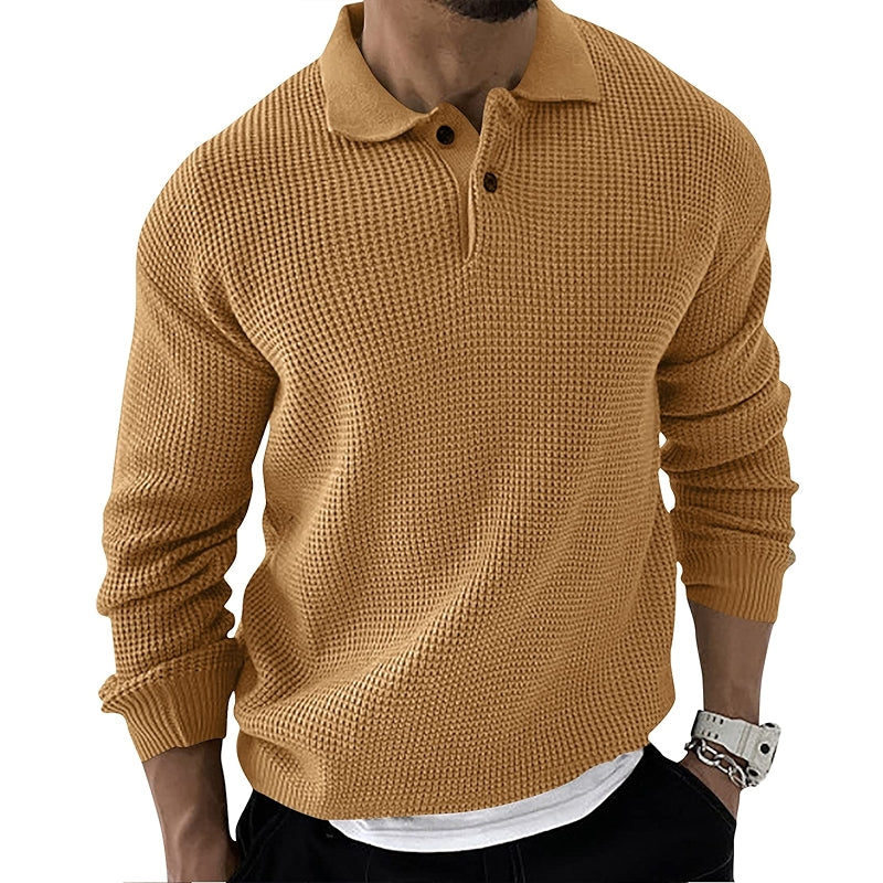 Long Sleeve Polo Sweater Casual Quarter Button Up Lapel Collar