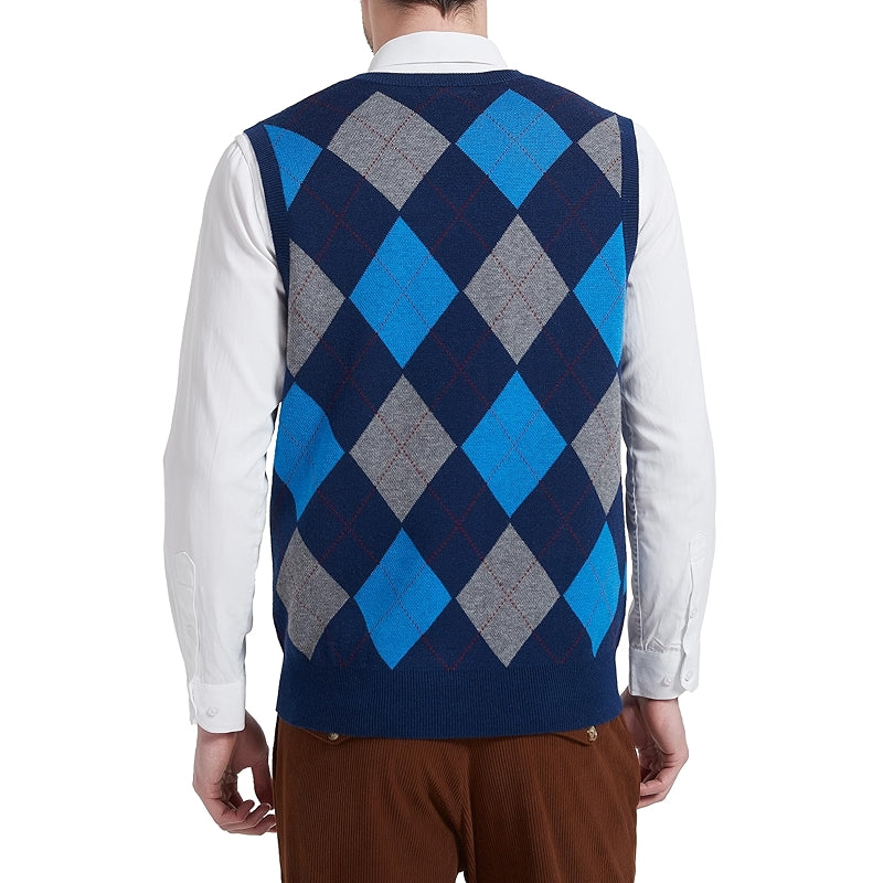 Argyle Vest Sweater Wool Blend V Neck Sleeveless Pullover