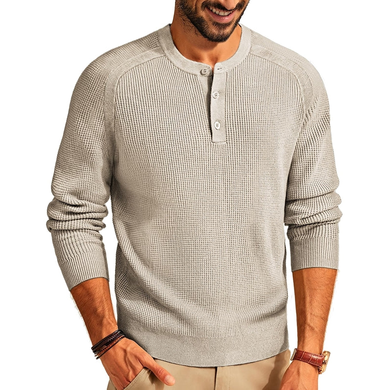 Henley Sweater Waffle Crewneck Pullover