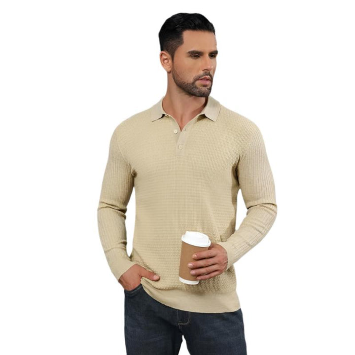 Long Sleeve Polo Sweater Waffle Textured Casual Knit Pullover