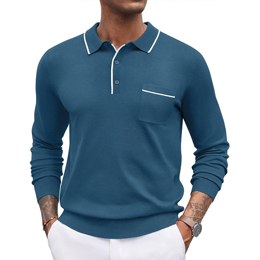 Knit Polo Long Sleeve Collared Sweater Casual Top With Pocket