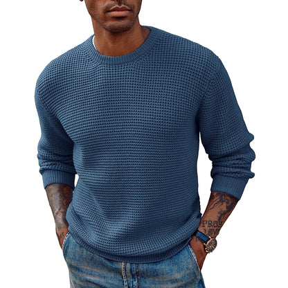 Crewneck Pullover Sweater Waffle Textured Long Sleeve