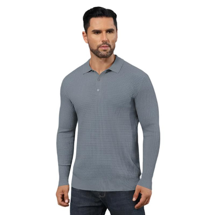 Long Sleeve Polo Sweater Waffle Textured Casual Knit Pullover