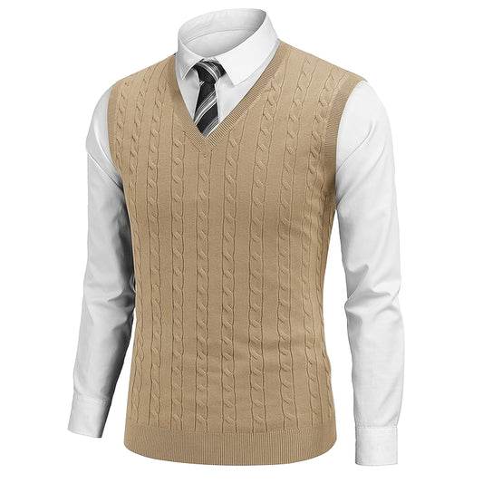 Sweater Vest V Neck Slim Fit Cable Knitted Sleeveless Pullover