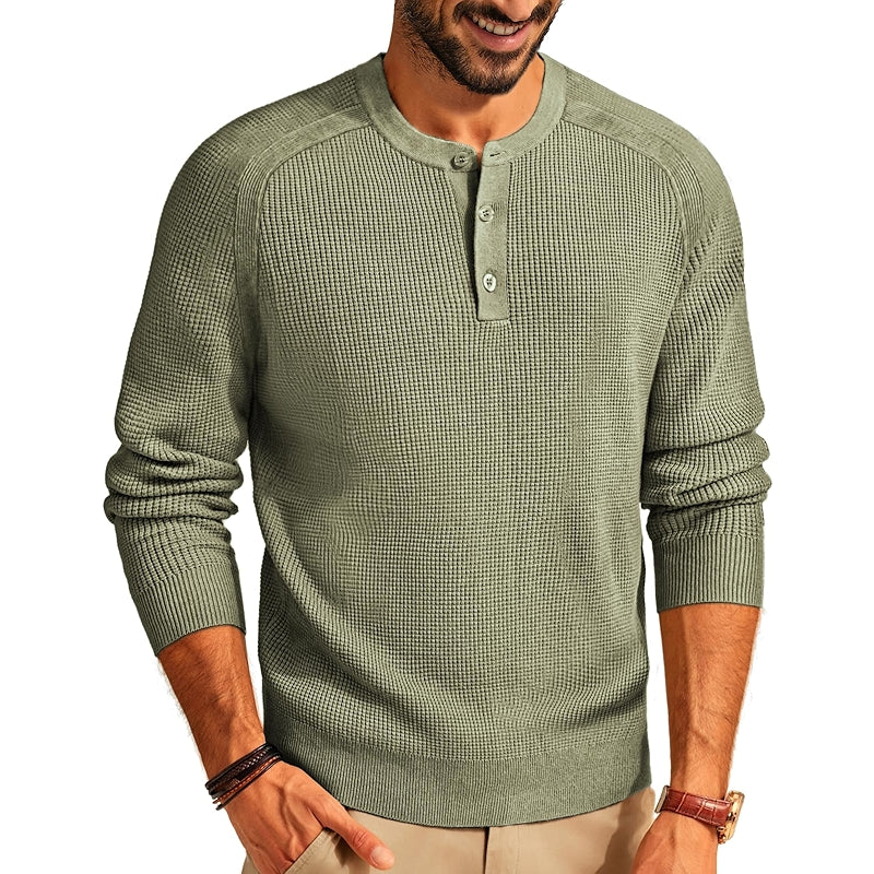 Henley Sweater Waffle Crewneck Pullover