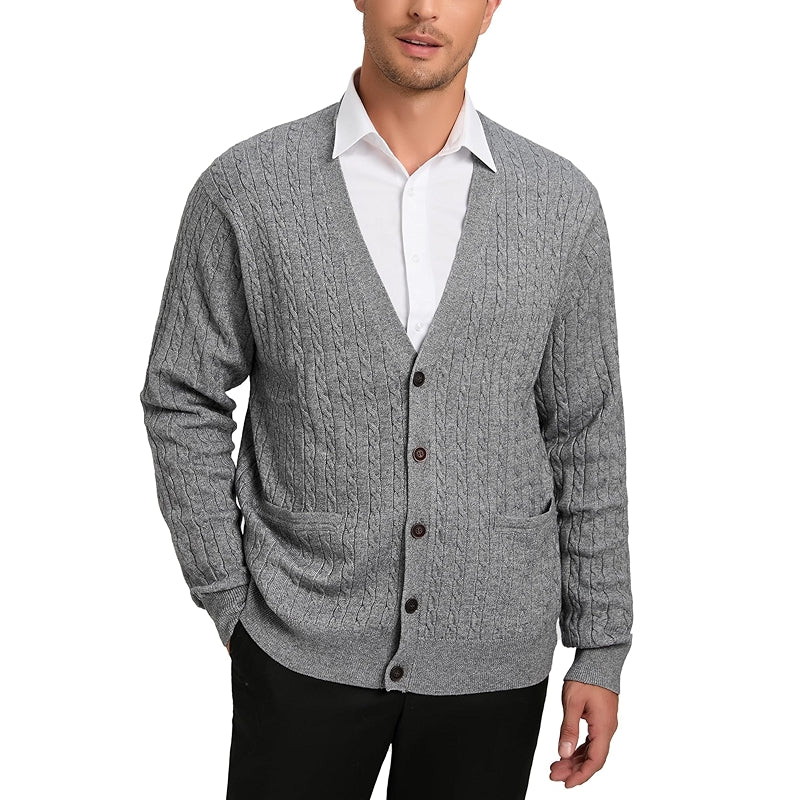 Kallspin Cardigan Sweater Wool Blend Cable Knit V Neck Buttons