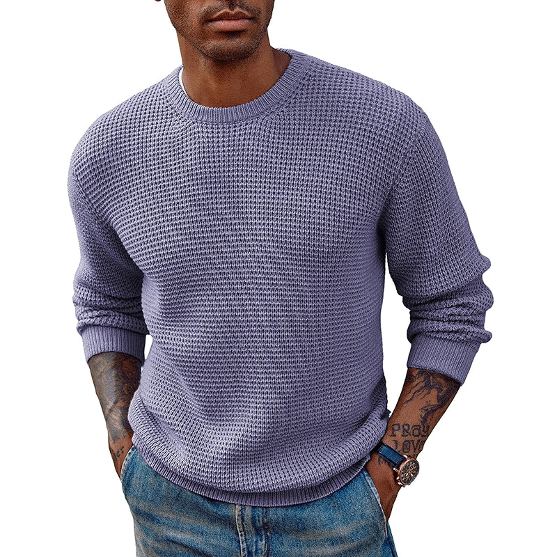 Crewneck Pullover Sweater Waffle Textured Long Sleeve