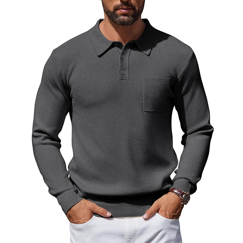 Long Sleeve Polo Sweater Knit Casual Thermal Pullover With Pocket