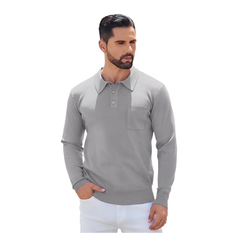 Long Sleeve Polo Sweater Knit Casual Thermal Pullover With Pocket