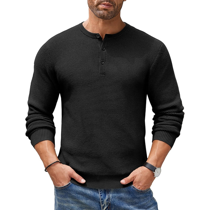 Henley Knit Sweater Long Sleeve Button Pullover Casual