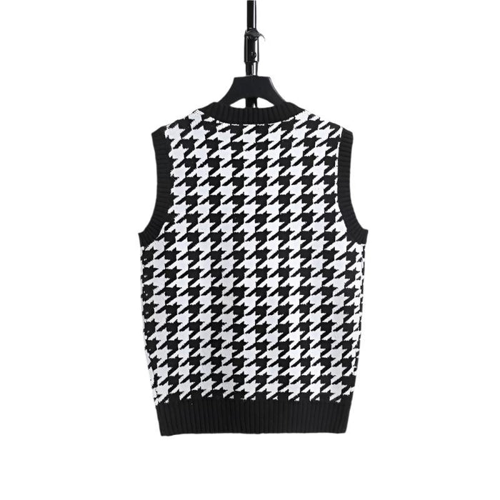 Houndstooth Sweater Vest Sleeveless V Neck Casual Rib Knit Top