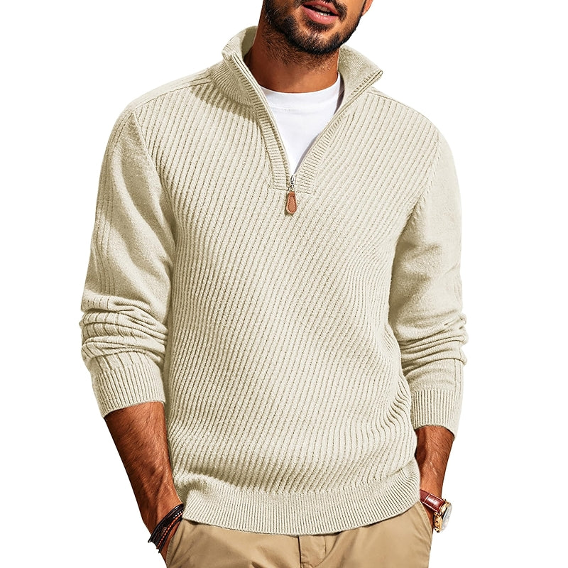 Quarter Zip Pullover Sweater Casual Slim Fit Knit Texture