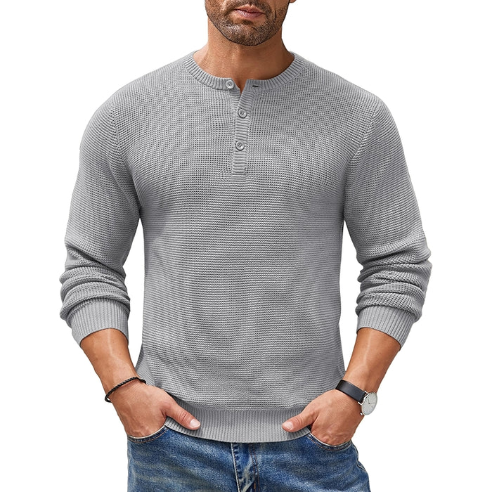 Henley Knit Sweater Long Sleeve Button Pullover Casual
