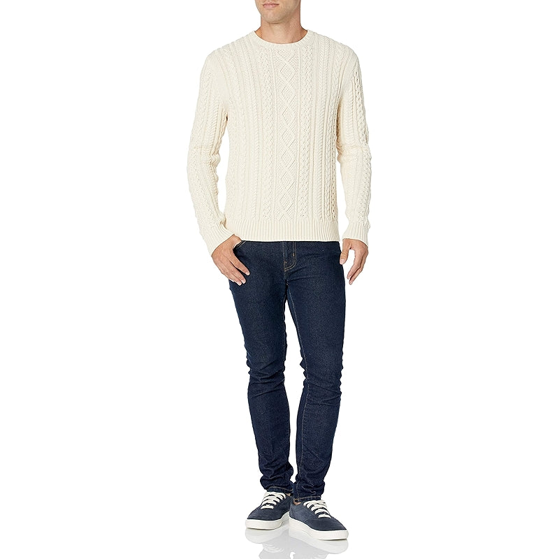 Long Sleeve Cotton Fisherman Cable Crewneck Sweater