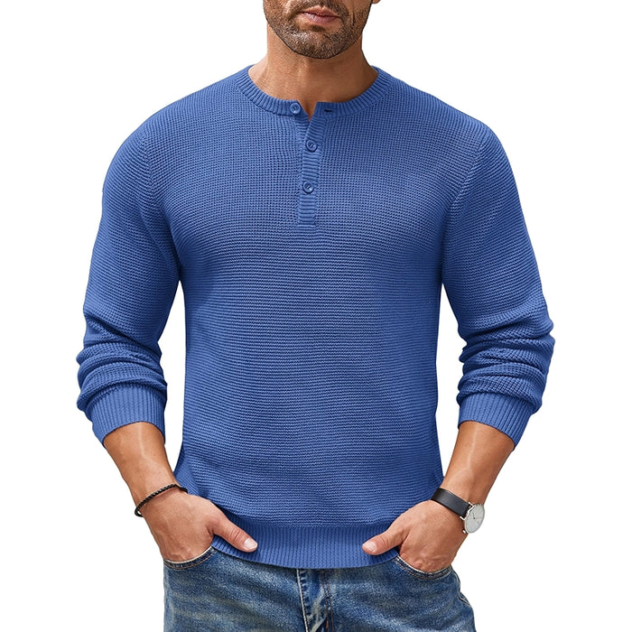 Henley Knit Sweater Long Sleeve Button Pullover Casual