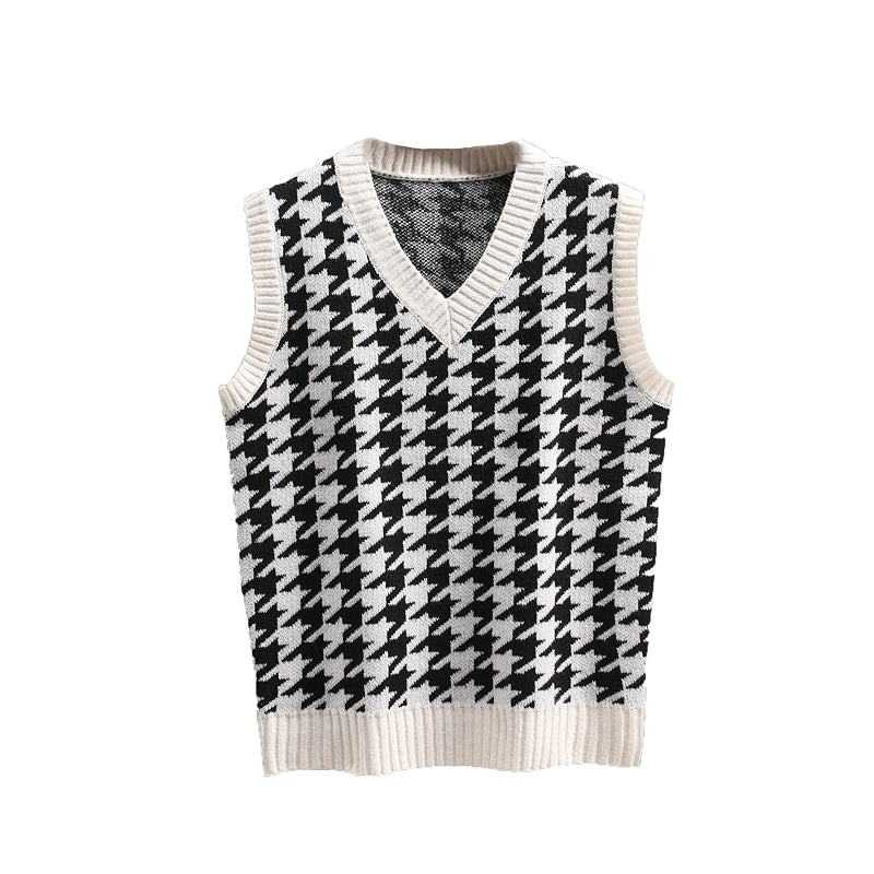 Houndstooth Sweater Vest Sleeveless V Neck Casual Rib Knit Top