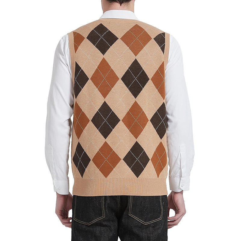 Argyle Vest Sweater Wool Blend V Neck Sleeveless Pullover