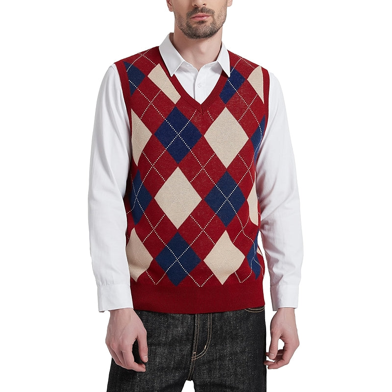 Argyle Vest Sweater Wool Blend V Neck Sleeveless Pullover