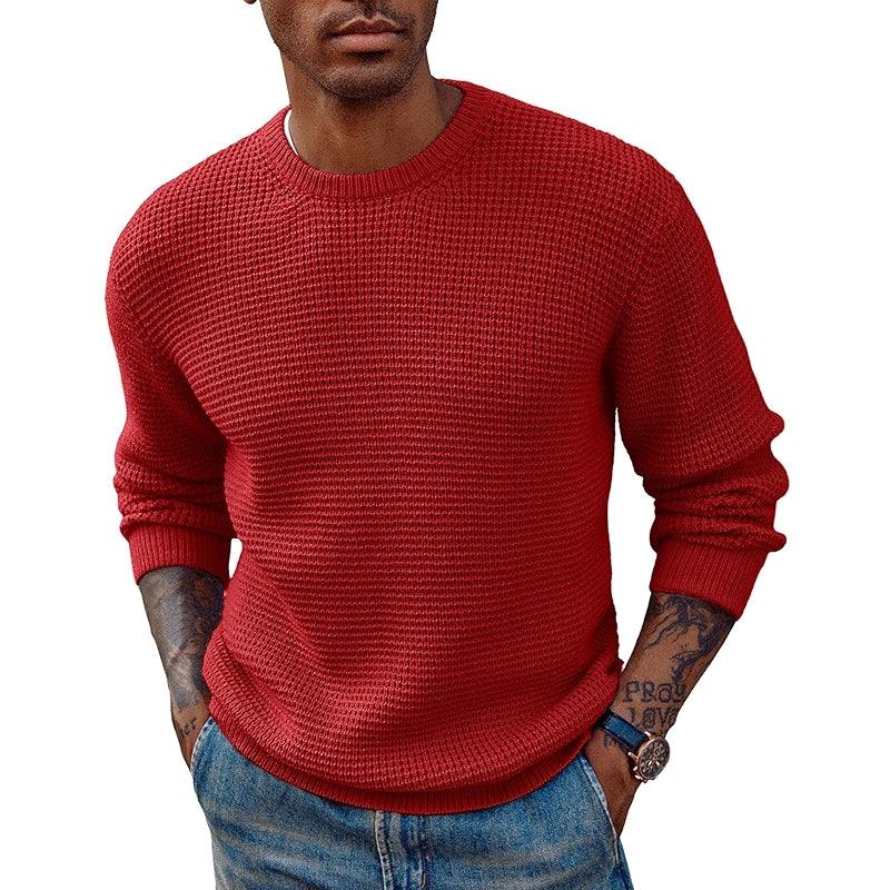 Crewneck Pullover Sweater Waffle Textured Long Sleeve