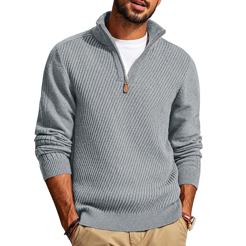 Quarter Zip Pullover Sweater Casual Slim Fit Knit Texture