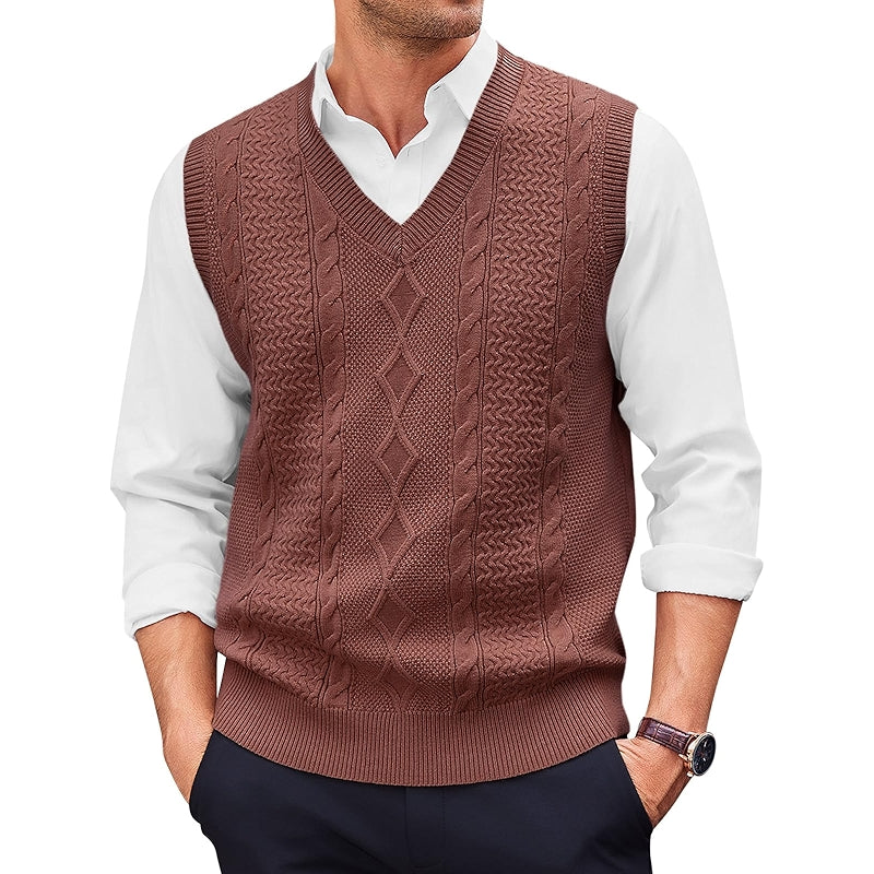 Casual V Neck Sweater Vest Cable Knitted Pullover Knitwear