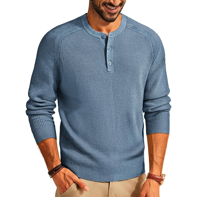 Henley Sweater Waffle Crewneck Pullover