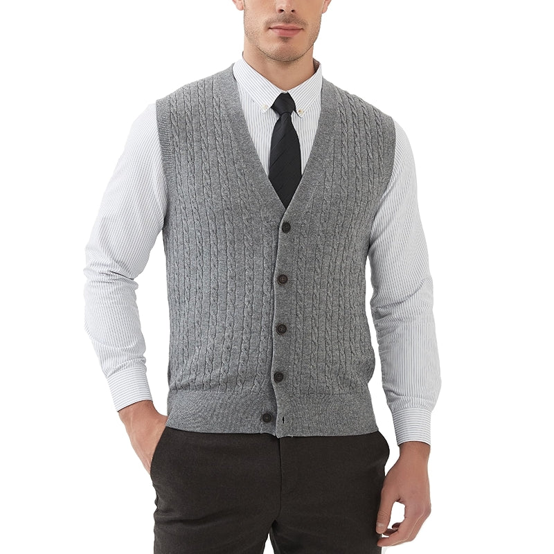 Cable Knit Sweater Vest Wool Blend V Neck Button Down Sleeveless