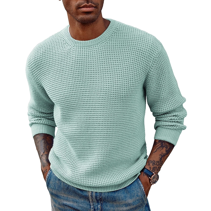 Crewneck Pullover Sweater Waffle Textured Long Sleeve