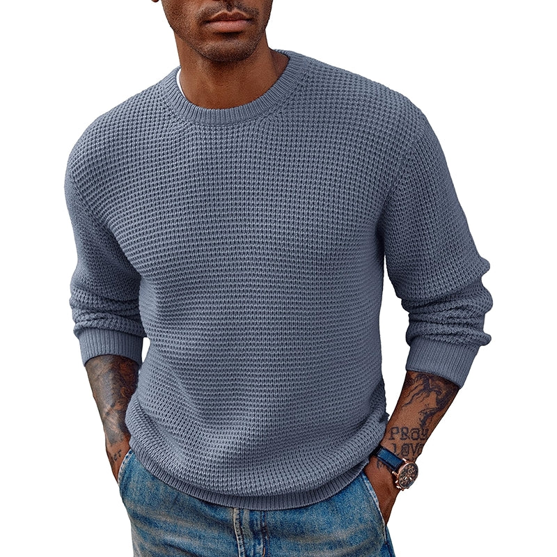 Crewneck Pullover Sweater Waffle Textured Long Sleeve