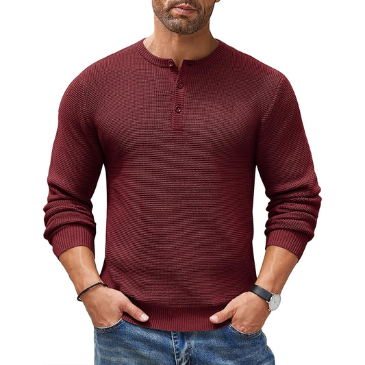 Henley Knit Sweater Long Sleeve Button Pullover Casual