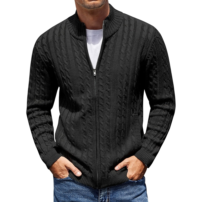 Full Zip Cardigan Sweater Slim Fit Cable Knit With Pockets