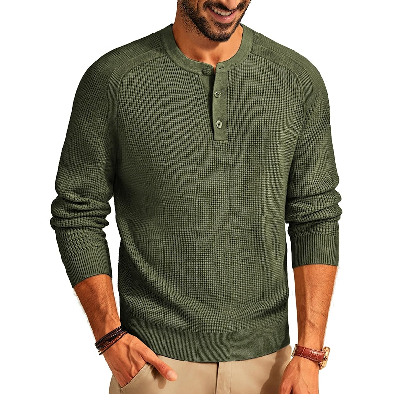 Henley Sweater Waffle Crewneck Pullover