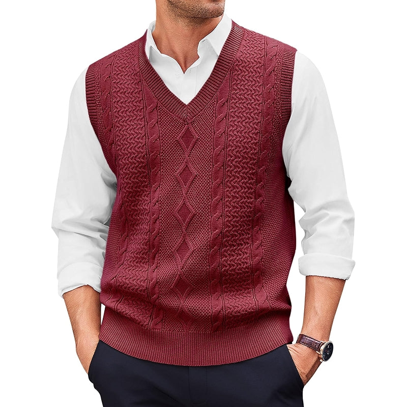 Casual V Neck Sweater Vest Cable Knitted Pullover Knitwear