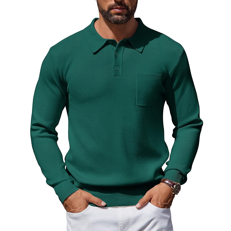 Long Sleeve Polo Sweater Knit Casual Thermal Pullover With Pocket