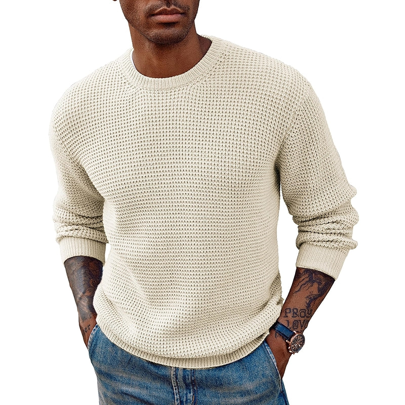 Crewneck Pullover Sweater Waffle Textured Long Sleeve