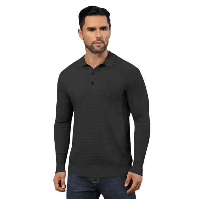 Long Sleeve Polo Sweater Waffle Textured Casual Knit Pullover