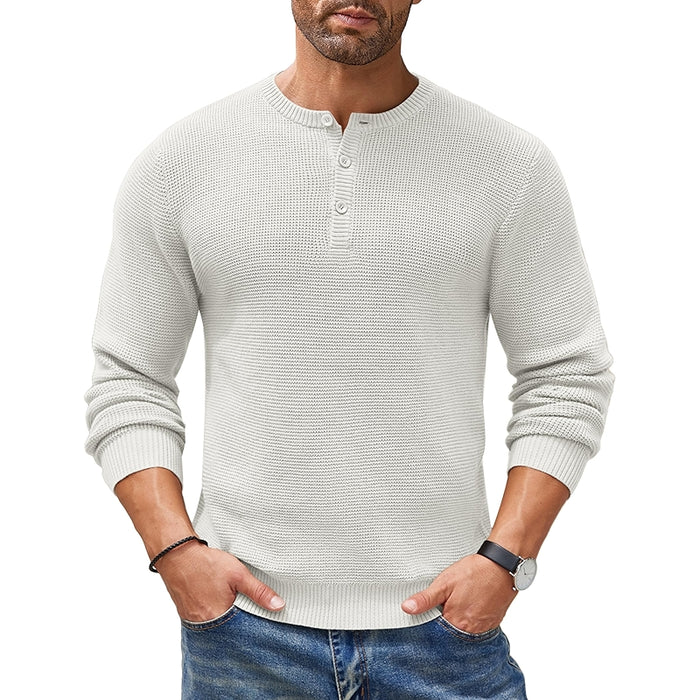 Henley Knit Sweater Long Sleeve Button Pullover Casual