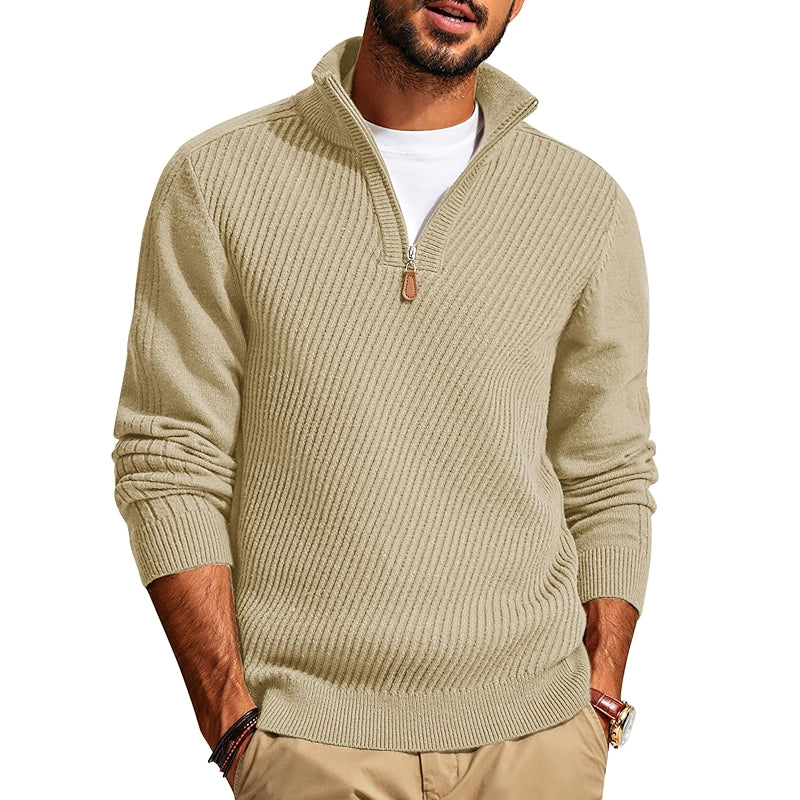 Quarter Zip Pullover Sweater Casual Slim Fit Knit Texture