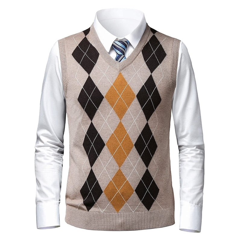 Argyle Sweater Vest Classic V Neck Sleeveless Pullover Knitwear