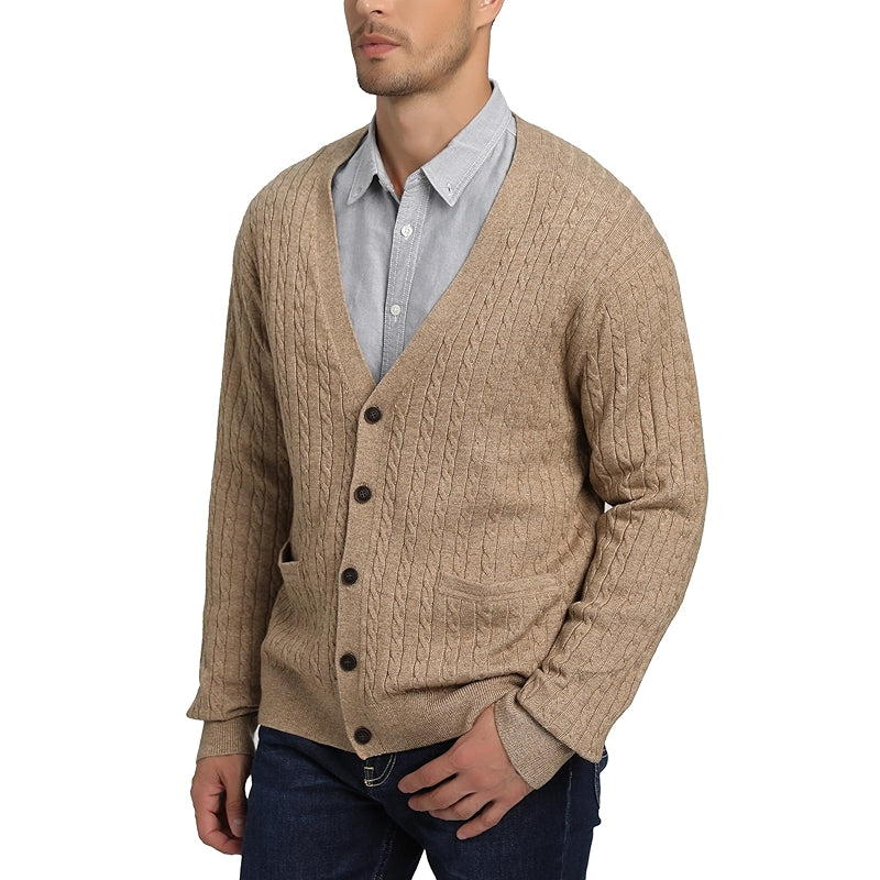 Kallspin Cardigan Sweater Wool Blend Cable Knit V Neck Buttons