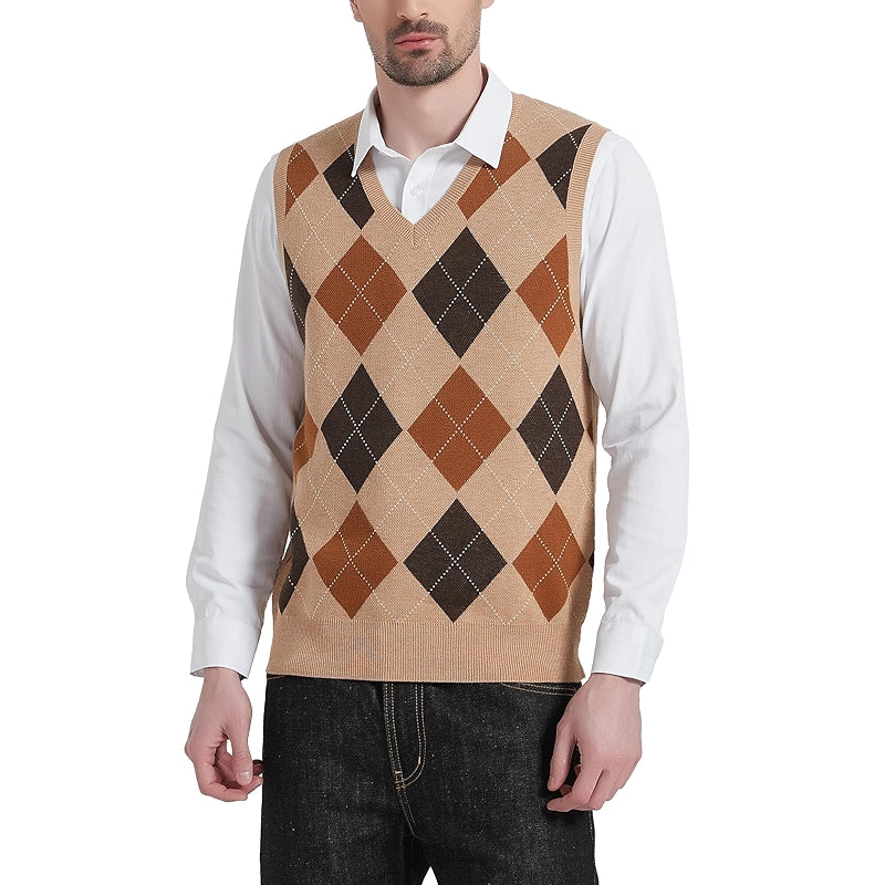 Argyle Vest Sweater Wool Blend V Neck Sleeveless Pullover