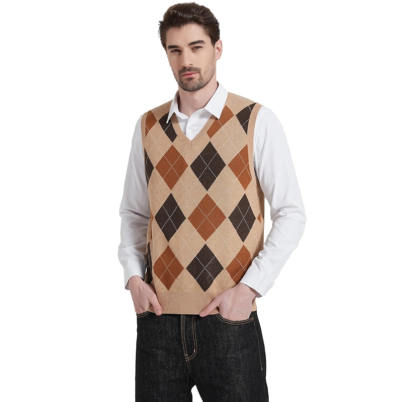 Argyle Vest Sweater Wool Blend V Neck Sleeveless Pullover