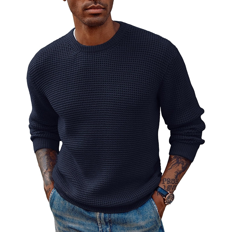 Crewneck Pullover Sweater Waffle Textured Long Sleeve